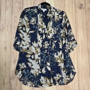 Coldwater Creek Navy Floral Tunic with Cream and Gold Accents